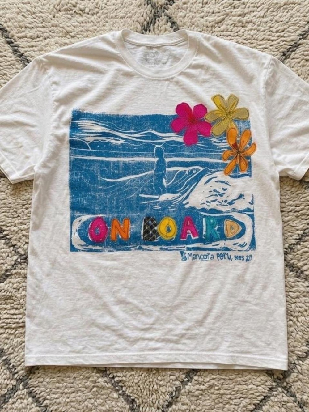 Gildan White Tee with Blue Surf Graphic and Multicolor Floral Accents